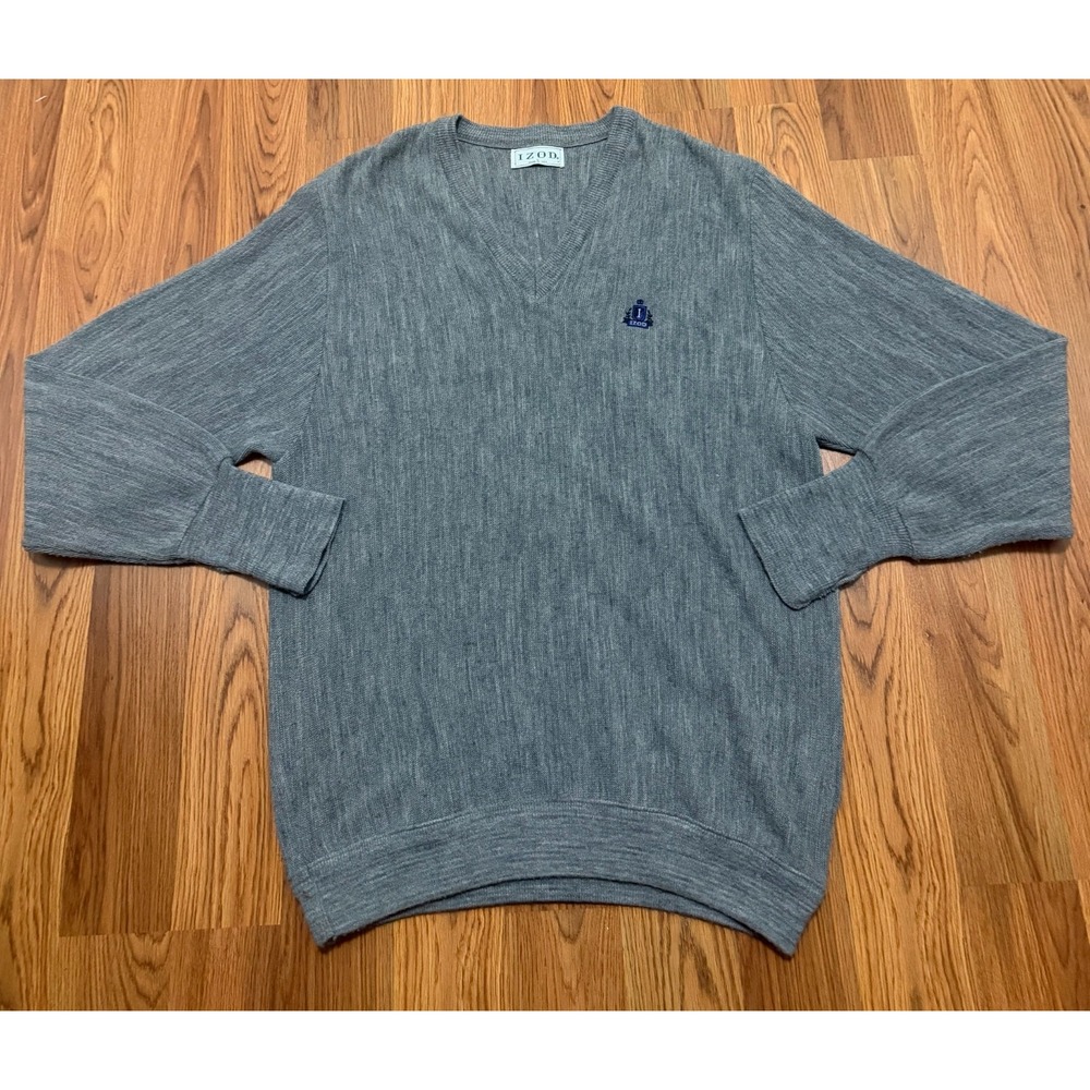 IZOD Sweater Mens Large V Neck Pullover Made USA Acrylic Knit Gray
